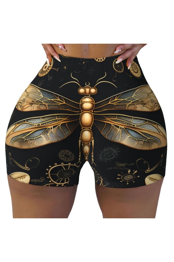 Women's Workout Shorts Athletic Yoga Biker Comfy Graphic Shorts, Gold Steampunk Dragonfly Black Golden