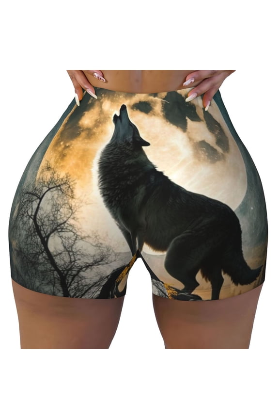 Women's Workout Shorts Athletic Yoga Biker Comfy Graphic Shorts, Wolf Full Moon Howling