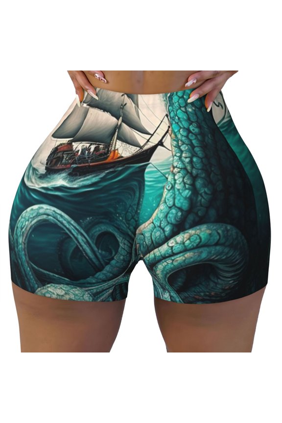 Women's Workout Shorts Stretch Soft Breathable Yoga Athletic Shorts, Cool Octopus Monster Sail Boat Waves