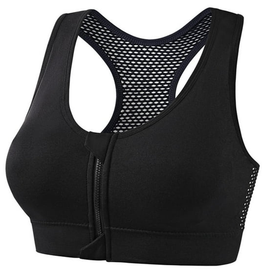 Women's Workout Sports Bra Plus Size Solid Color Underwire Front Zipper Back Gathered Black S-5XL