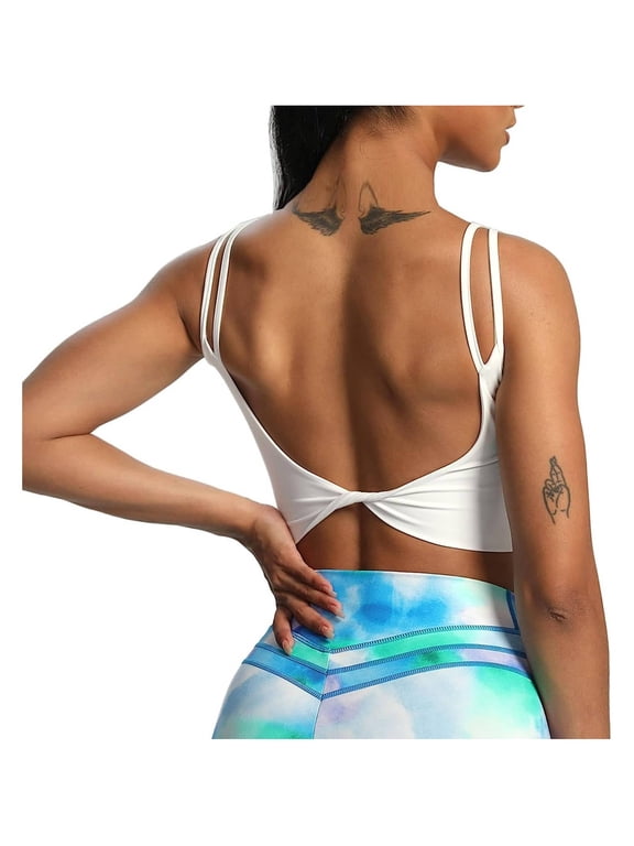 Women's Workout Sports Bras Fitness Padded Backless Yoga Crop Tank Top Twist Back Cami