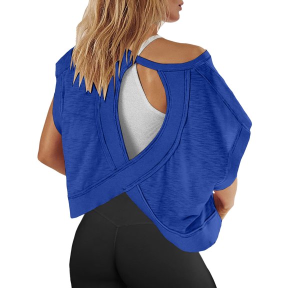 Women's Workout T-Shirts Short Sleeve Athletic Yoga Top Open Back Design Gym Running Tee Casual Comfort Fit