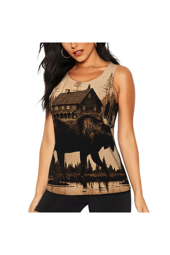 Women's Workout Tank Top Athletic Sleeveless Shirt for Running Yoga Gym, Rustic Lodge Moose Deer Vintage
