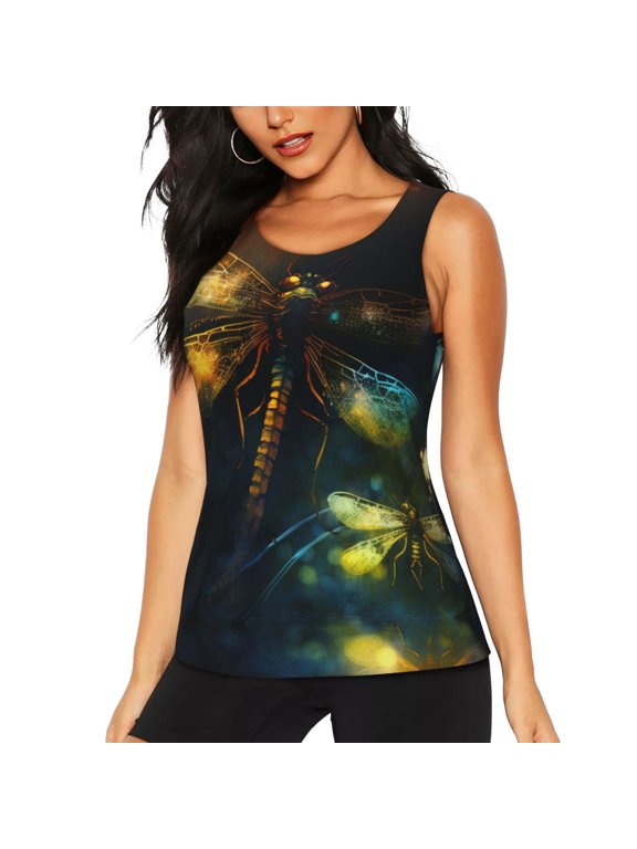 Women's Workout Tank Top Breathable Athletic Gym Sleeveless Shirt, Firefly Dragonfly Fireflies Art