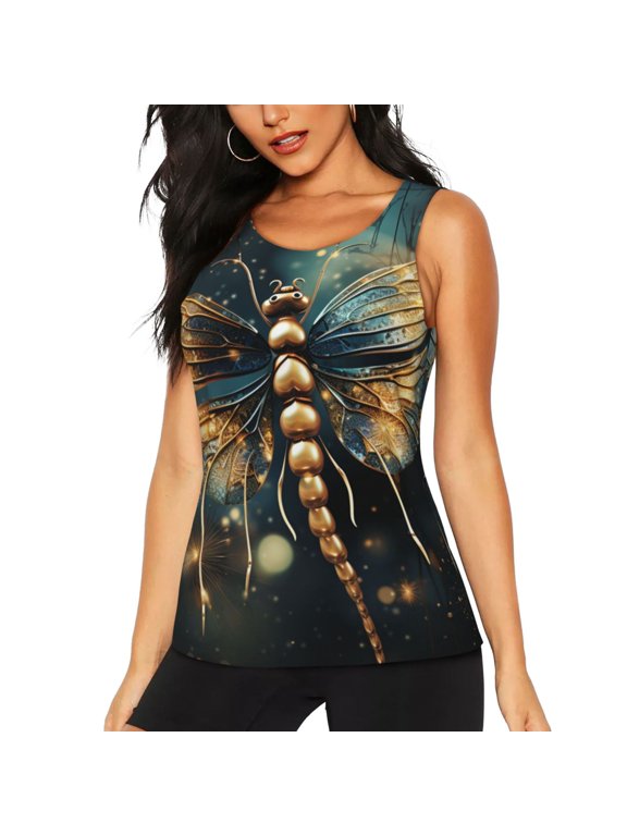 Women's Workout Tank Top Breathable Athletic Gym Sleeveless Shirt, Gold Dragonfly Vintage Cool