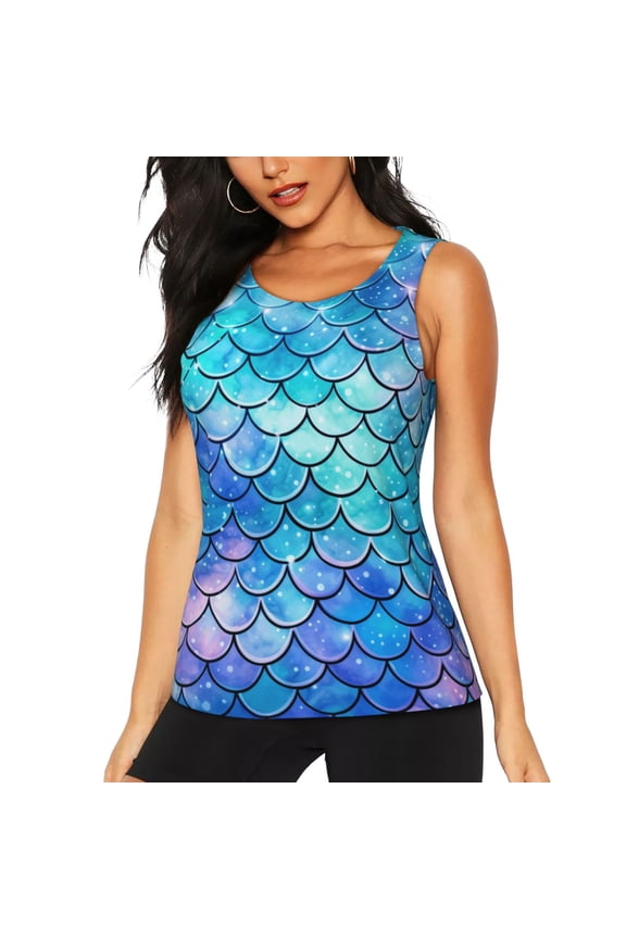 Women's Workout Tank Top Breathable Athletic Gym Sleeveless Shirt, Mermaid Scales Fish Scale Blue