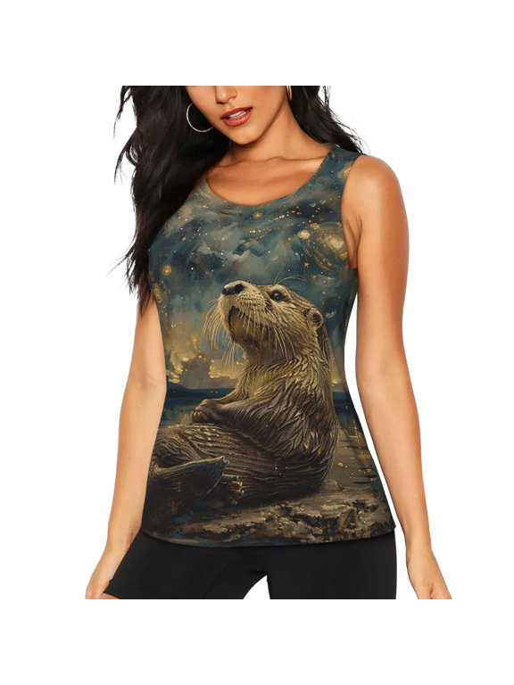 Women's Workout Tank Top Breathable Athletic Gym Sleeveless Shirt, Otter Fish Sky Art