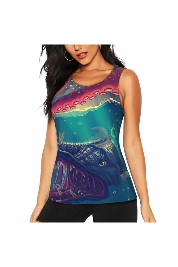 Women's Workout Tank Top Breathable Athletic Gym Sleeveless Shirt, Red Octopus Tentacles Predator Fish