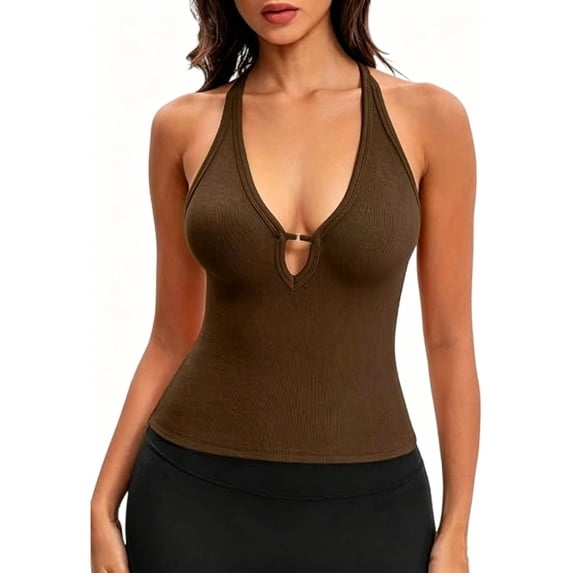 Women's Workout Tank Tops Summer Deep V Neck Racerback Ribbed Knit Fitted Going Out Camisole Tops Coffee