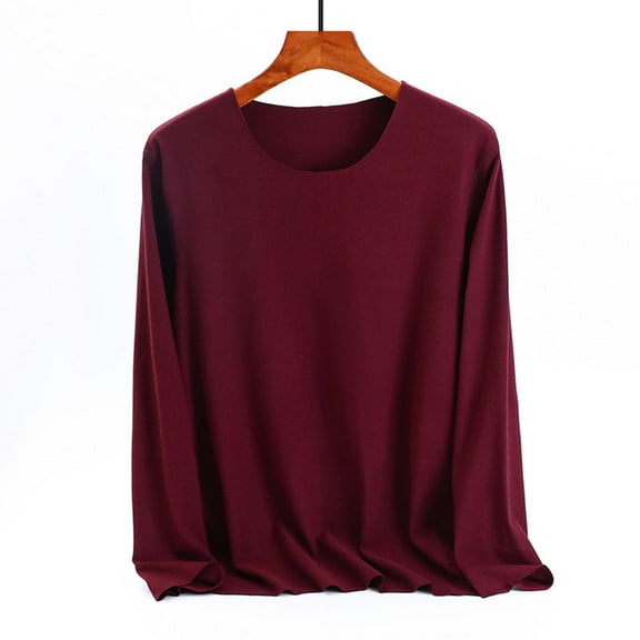 Women's Workout Tops Loose Casual Solid Long Sleeve Crew-neck Wine Blouse Tees XL-5XL