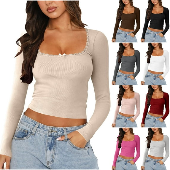 Women's Workout Tops Solid Color Long Sleeved Lace Patchwork U-neck Knitted Casual Round Neck Beige Blouses for Office Work Business Attire Collared Shirts