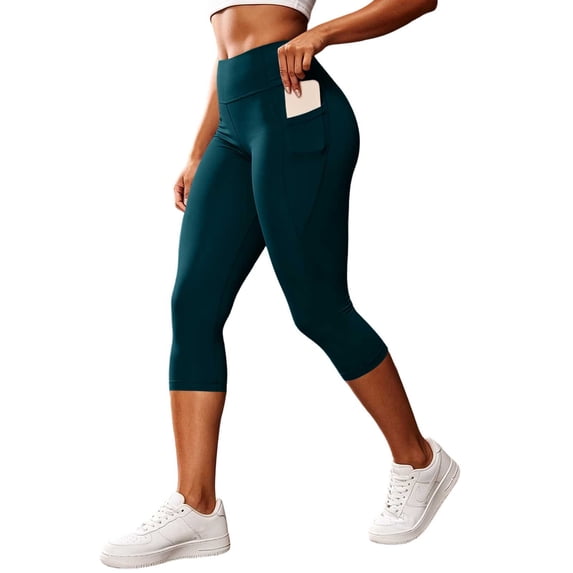Women's Workout Yoga Capri Leggings Stretchy High Waist Tummy Control Athletic Pants with Side Pockets Soft Running Biker Lounge Pants Navy