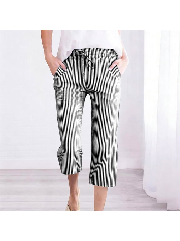 Women's Workout Yoga Capri Pants Summer Cotton Linen Drawstring Cropped Capris Pants Summer Casual Striped Loose Lightweight Comfy Athletic 7/8 Length Pants