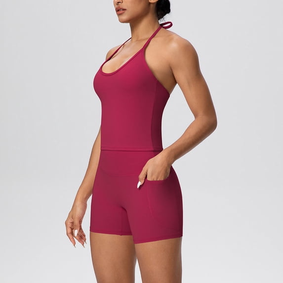 Women's Workout Yoga Set Sleeveless Cropped Cami Tops High Waist Biker Shorts Matching Suit with Pockets for Gym, Running Active Wear Red S