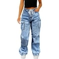 thumbnail image 1 of Women's Workwear Cargo Jeans, Elastic Drawstring Waist Wide Leg Denim Pants with Multiple Pockets, Baggy Loose Fit Casual Utility Trousers for Daily Wear Light Blue L, 1 of 7