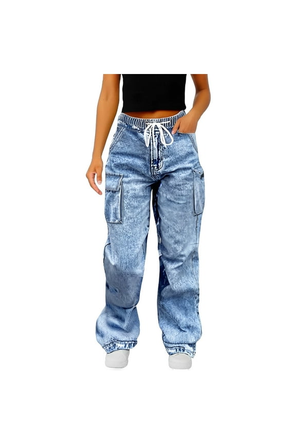Women's Workwear Cargo Jeans, Elastic Drawstring Waist Wide Leg Denim Pants with Multiple Pockets, Baggy Loose Fit Casual Utility Trousers for Daily Wear Light Blue L