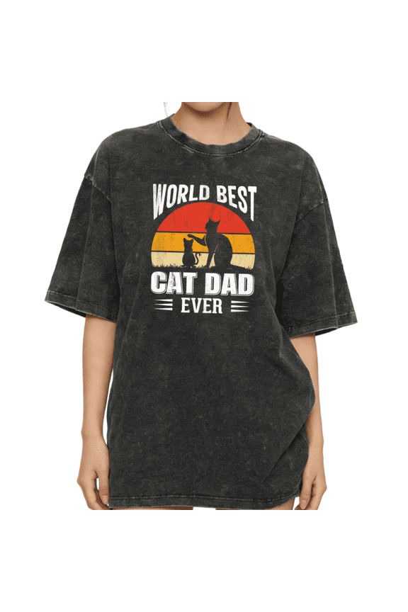 Women's World Best Cat Dad Ever Retro Sunset Two Cat Silhouette Graphic Washed T Shirt Casual Black S-2XL Plus Size