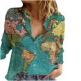 thumbnail image 1 of Women's World Map Print Shirts Button Down Blouse Long Sleeve V-Neck Casual Tops,Button Down T-Shirt for Women Casual Graphic Tee Shirts, 1 of 6