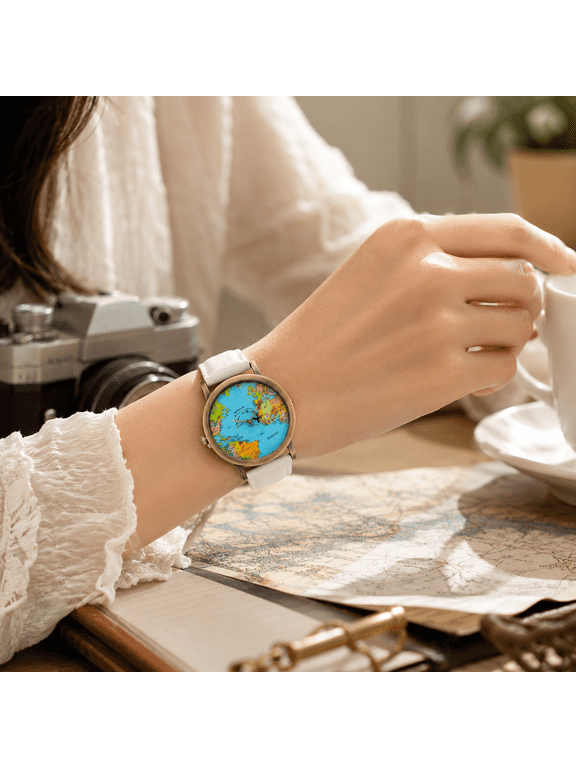 Women’s World Map Watch, Quartz Wrist Watch With Colorful Globe Dial, Denim Strap And Round Case For Travel Inspired Style