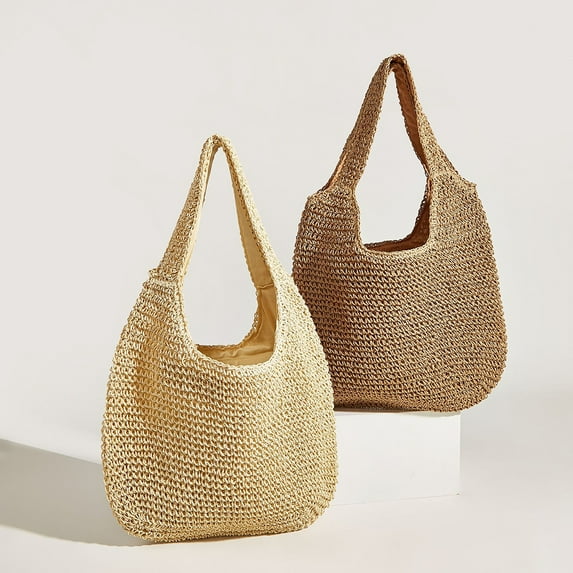 Women's Woven Bag One Shoulder Literary Satchel Bag Paper Rope Woven Straw Bag Large Capacity Beach Bag