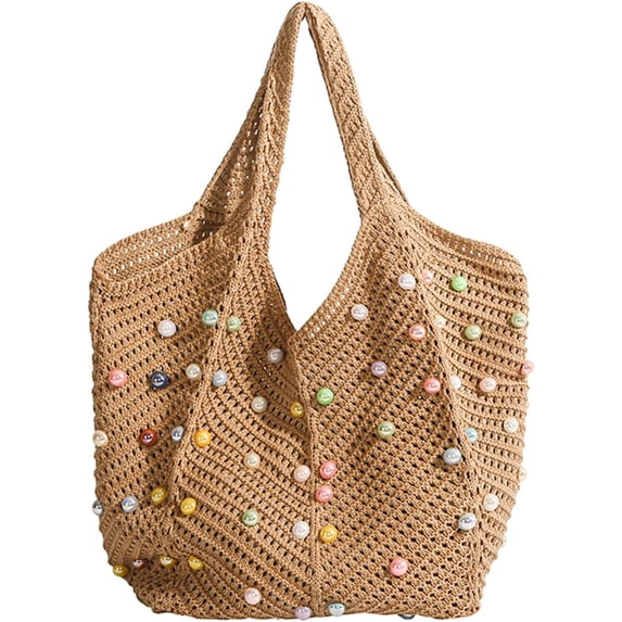 Women's Woven Beach Bag Cute Bohemian Woven Tote With Colourful Beads Woven Aesthetic Shoulder Tote Bag