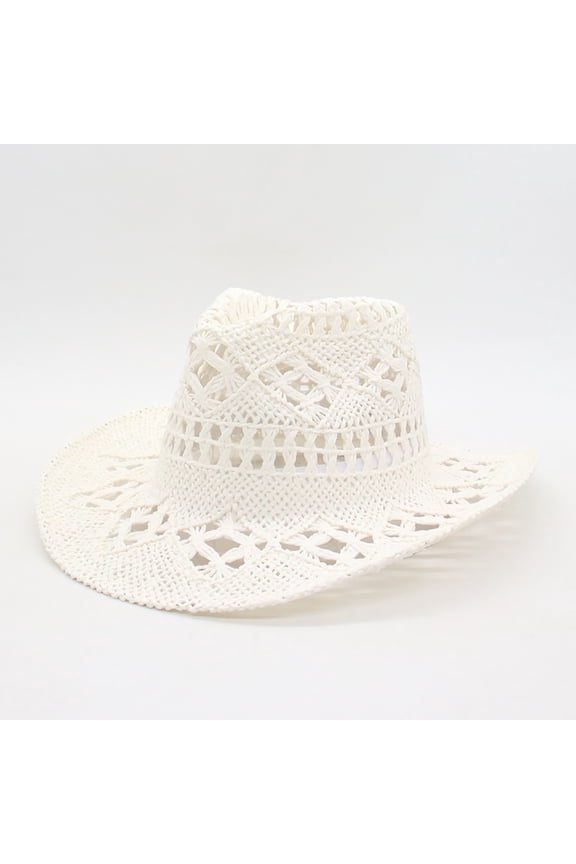 Women's Woven Beach Hat, Soft Wide Brim Sun Hat, Fashionable Cowboy Style Summer Hat for Outdoor, Travel, and Festivals - White