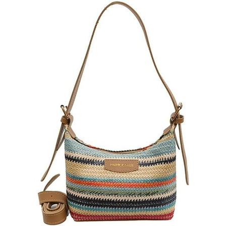 Women's Woven Beach Shoulder Handbag Colorful Straw Tote Bag Summer Vacation Crossbody Bag