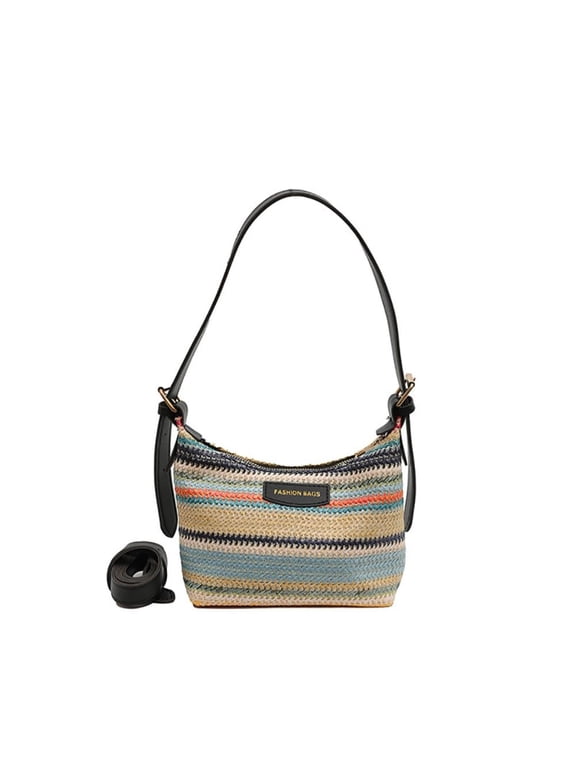 Women's Woven Beach Shoulder Handbag Colorful Straw Tote Bag Summer Vacation Crossbody Bag