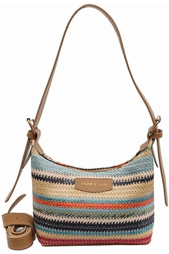 Women's Woven Beach Shoulder Handbag Colorful Straw Tote Bag Summer Vacation Crossbody Bag