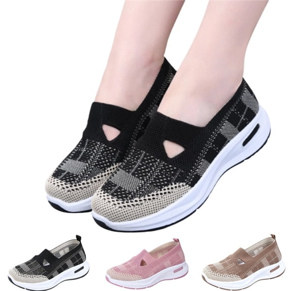 Women's Woven Breathable Soft Shoes Casual Orthopedic Arch Support Foam Shoes Comfortable Wedge Heel Walking Anti-Skid Sports Shoes (Black)