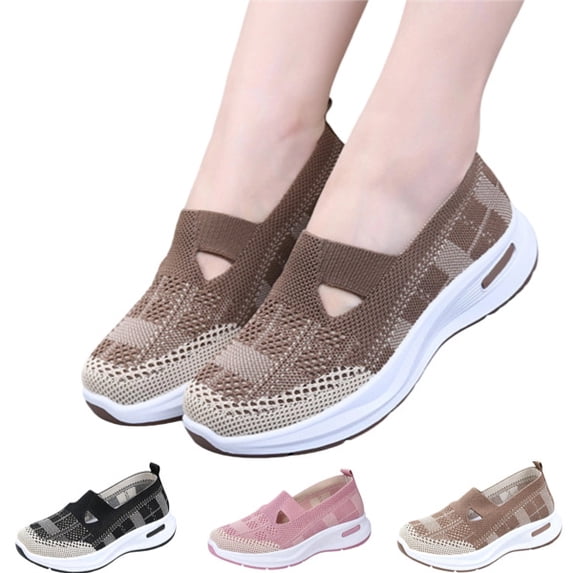 Women's Woven Breathable Soft Shoes Casual Orthopedic Arch Support Foam Shoes Comfortable Wedge Heel Walking Anti-Skid Sports Shoes (Coffee)