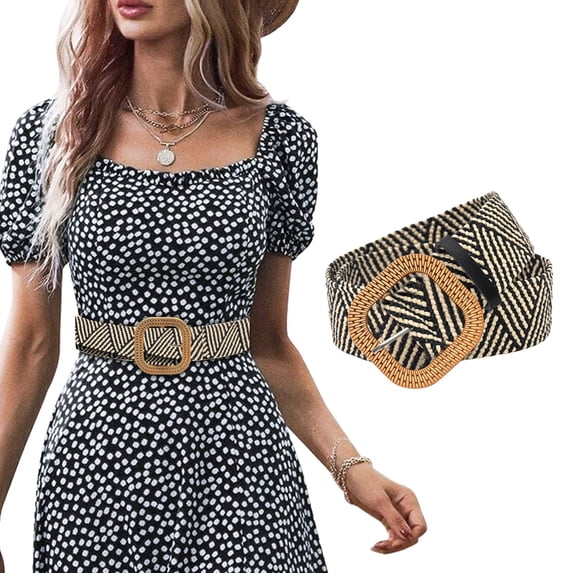 Women's Woven Elastic Belt, Straw Design Wide Waist Cincher with Vintage Wood Buckle, Stretch Belt for Dresses, Shirts, and Jeans, Adjustable and Decorative Fashion Accessory-Gray