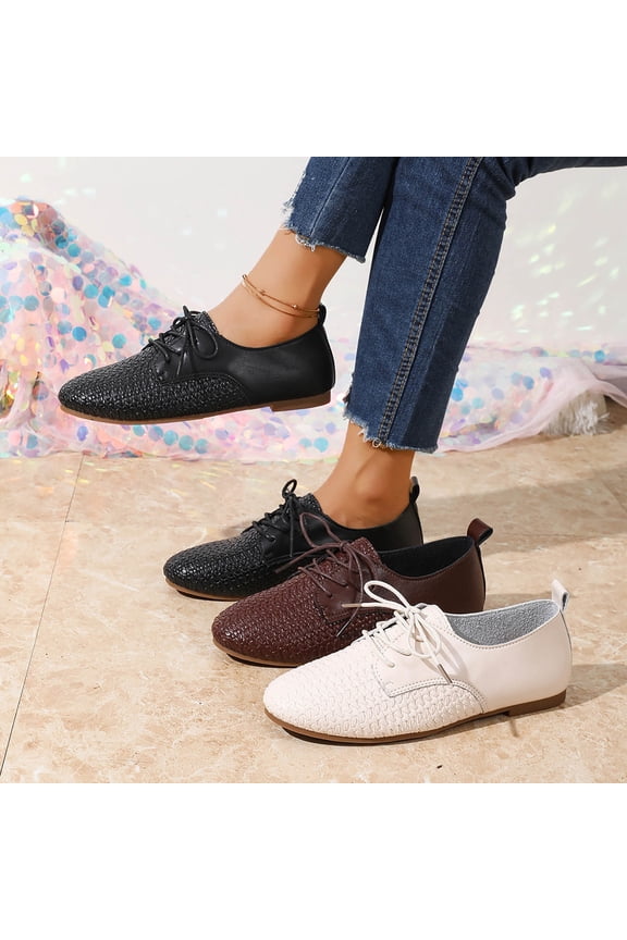 Women's Woven Lace-Up Flats, Casual Slip On Oxford Shoes, Comfortable Low Heel Walking Shoes, Spring Summer Versatile Dress Shoes for Daily Commute