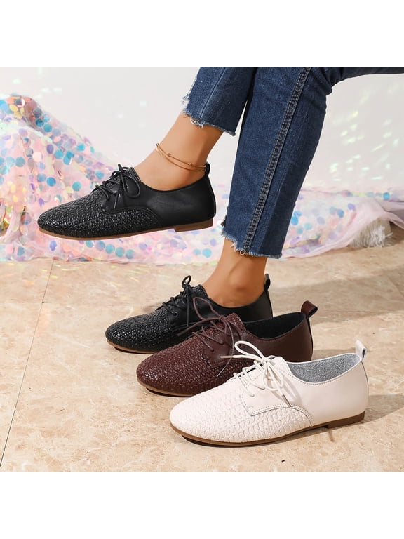 Women's Woven Lace-Up Flats, Casual Slip On Oxford Shoes, Comfortable Low Heel Walking Shoes, Spring Summer Versatile Dress Shoes for Daily Commute