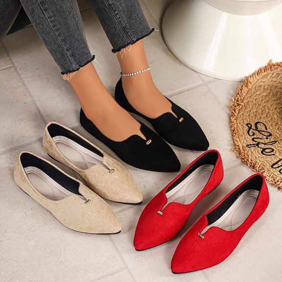 Women's Woven Linen Pointed Toe Loafers Tiny Metal Accent Slip On Flat Shoes Non Slip Soft Insole Daily Walking Dress Footwear