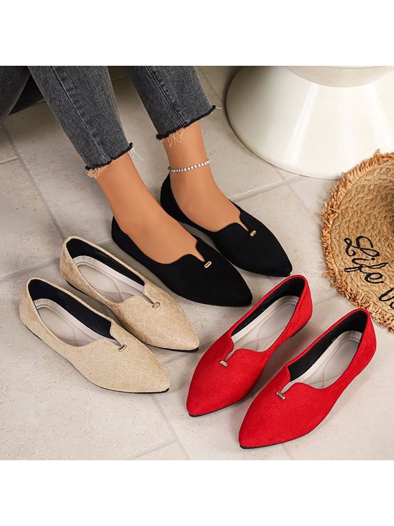 Women's Woven Linen Pointed Toe Loafers Tiny Metal Accent Slip On Flat Shoes Non Slip Soft Insole Daily Walking Dress Footwear