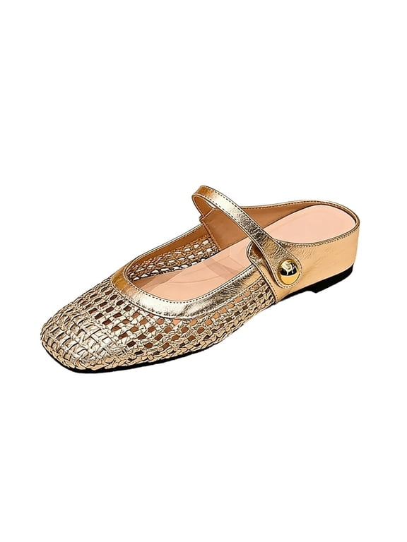 Women's Woven Mesh Mary Jane Mules Flats Closed Square Toe Slip-On