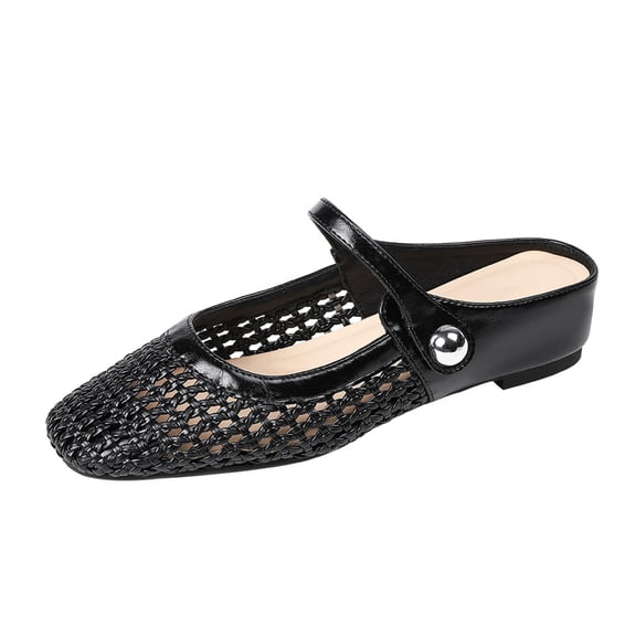 Women's Woven Mesh Mules Flats Closed Square Toe Slip-On Mary Jane Mules for Women Casual Hollow Ballet Flat Shoes