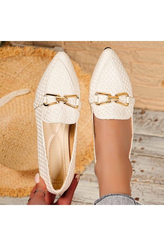 Women’s Woven Metal-Buckle Pointed Toe Loafers, Professional Comfort Shoes for Office Work, Business Meetings, and Client Appointments
