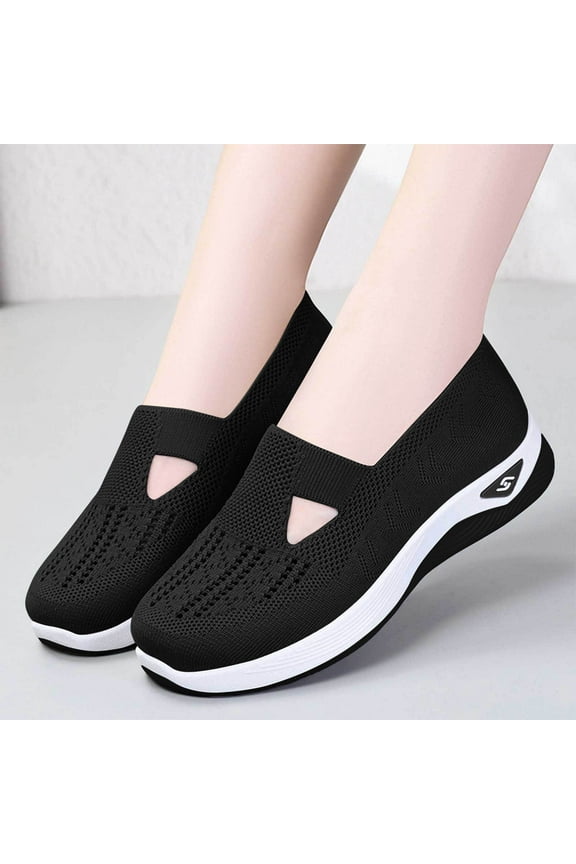 Women's Woven Orthopedic Breathable Soft Shoes, 2024 New Mesh Stretch Arch Support Walking Shoes, Lightweight Slip On Wide Width Orthopedic Wide Sneakers Black 7