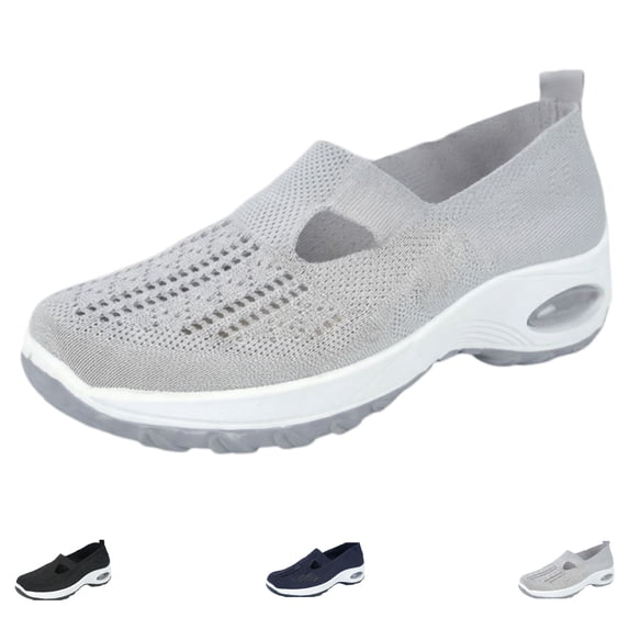Women's Woven Orthopedic Breathable Soft Shoes Go Walking Slip on Foam Shoes Hands Free Slip in Sneakers Arch Support (Gray)