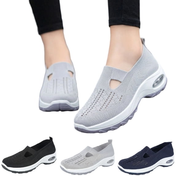 Women's Woven Orthopedic Breathable Soft Shoes, Lightweight Comfortable Mesh Stretch Sneakers,Go Walking Slip on Foam Shoes (Gray)