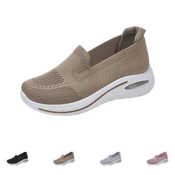 Women's Woven Orthopedic Breathable Soft Shoes Lightweight Comfortable Mesh Stretch Sneakers,Go Walking Slip on Foam Shoes (Light Brown)