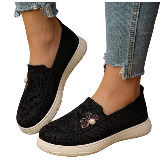 Women's Woven Orthopedic Shoes Breathable Walking Sneakers with Arch Support Wide Slip on Comfortable Work Slip Loafers 1-Black Size 7.5