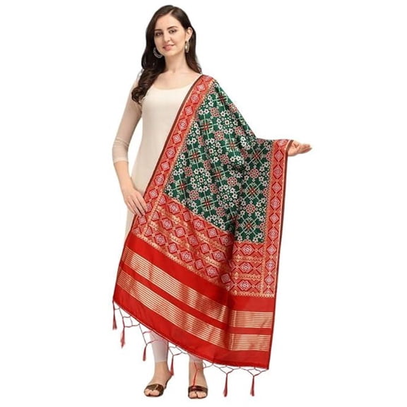 Women's Woven Silk Blend Red and Green Patola Bandhani Ikat Dupatta with Tassels - Elegant Chunni for Women and Girls - Size: 1M x 2.25M