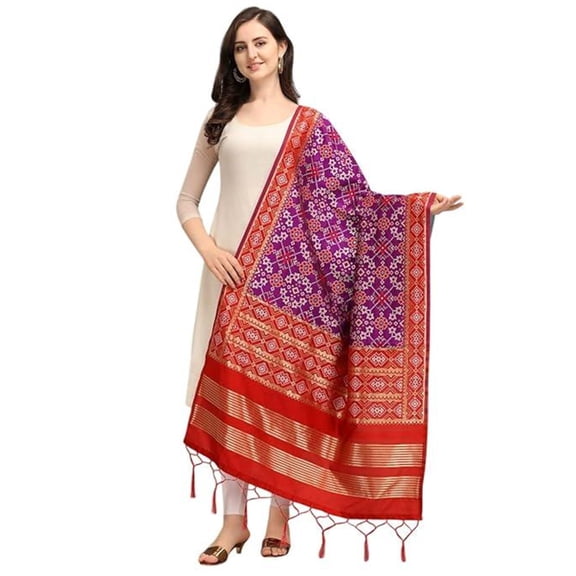 Women's Woven Silk Blend Red and Purple Patola Bandhani Ikat Dupatta with Tassels - Elegant Chunni for Women and Girls - Size: 1M x 2.25M