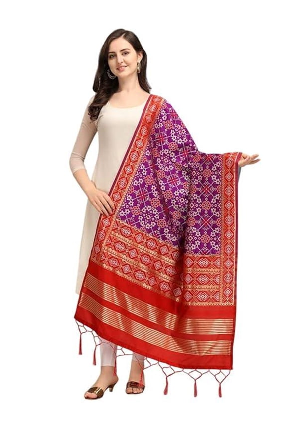 Women's Woven Silk Blend Red and Purple Patola Bandhani Ikat Dupatta with Tassels - Elegant Chunni for Women and Girls - Size: 1M x 2.25M