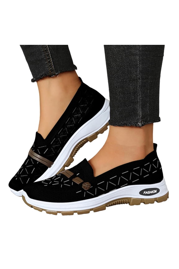 Women's Woven Slip On Sneakers Non Slip Knit Orthopedic Shoes Breathable Low Top Wide Width Walking Loafers Black Size 8.5