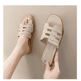 thumbnail image 1 of Women’s Woven Square-Toe Slide Sandals – Casual Mesh Beach Slippers, Beige, Size 7-7.5, 1 of 4