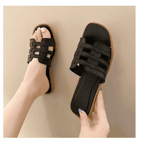 Women’s Woven Square-Toe Slide Sandals – Casual Mesh Beach Slippers, Black, 8.5-9